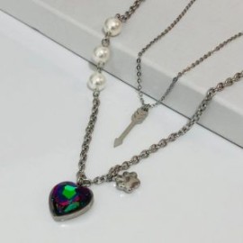 Collar 2 lienzos  acero inoxidable corazón tornasol metálico