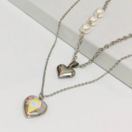 Collar 2 lienzos acero inoxidable corazón blanco tornasol