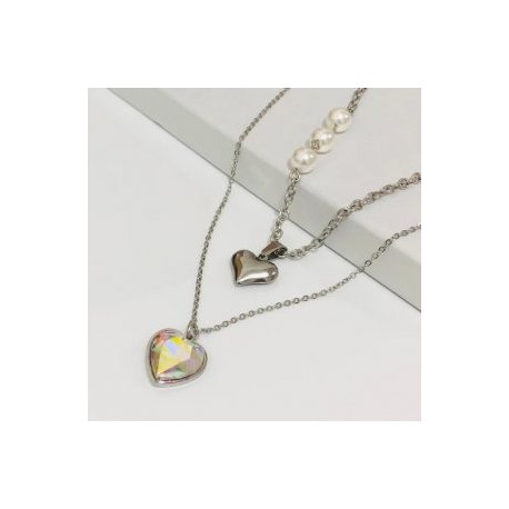 Collar 2 lienzos acero inoxidable corazón blanco tornasol