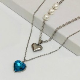 Collar 2 lienzos acero inoxidable corazón agua marina
