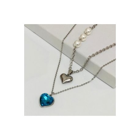 Collar 2 lienzos acero inoxidable corazón agua marina