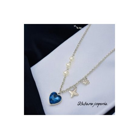 Collar acero inoxidable trébol corazón azul