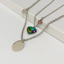 Collar 2 lienzos acero inoxidable corazón tornasol metálico