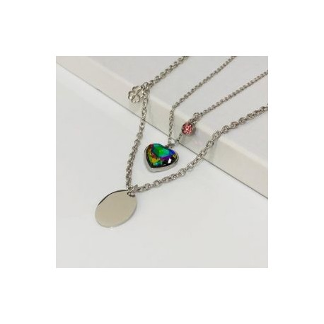 Collar 2 lienzos acero inoxidable corazón tornasol metálico