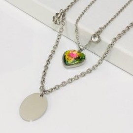 Collar 2 lienzos acero inoxidable corazón verde tornasol