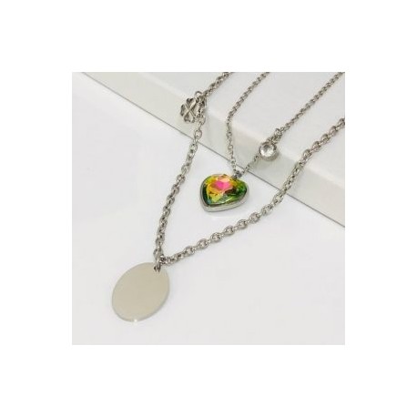 Collar 2 lienzos acero inoxidable corazón verde tornasol