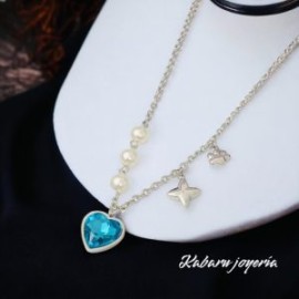 Collar acero inoxidable trébol corazón agua marina