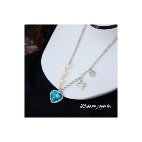 Collar acero inoxidable trébol corazón agua marina