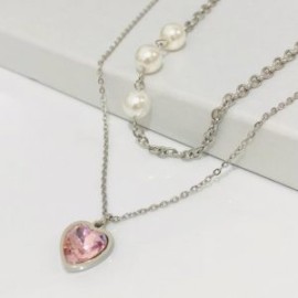 Collar 2 lienzos acero inoxidable corazón rosa