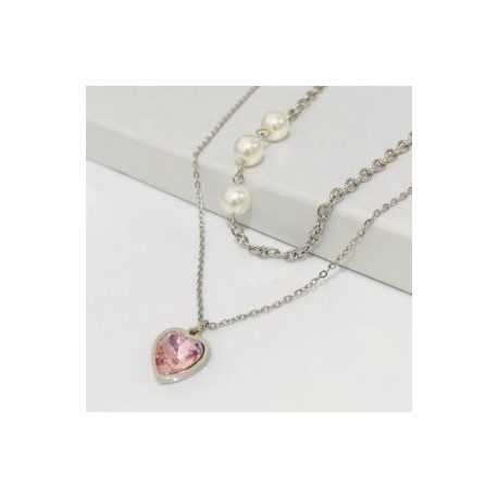 Collar 2 lienzos acero inoxidable corazón rosa