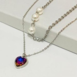 Collar 2 lienzos acero inoxidable corazón tornasol metálico
