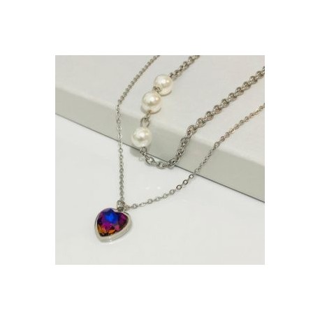 Collar 2 lienzos acero inoxidable corazón tornasol metálico
