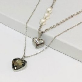 Collar 2 lienzos  acero inoxidable corazón negro humo