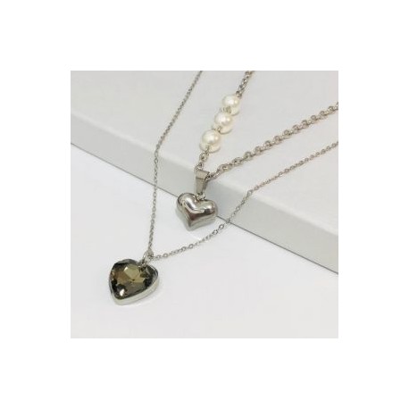 Collar 2 lienzos  acero inoxidable corazón negro humo