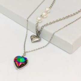 Collar 2 lienzos  acero inoxidable corazón metálico