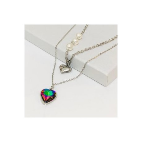Collar 2 lienzos  acero inoxidable corazón metálico
