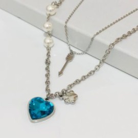 Collar 2 lienzos  acero inoxidable corazón agua marina