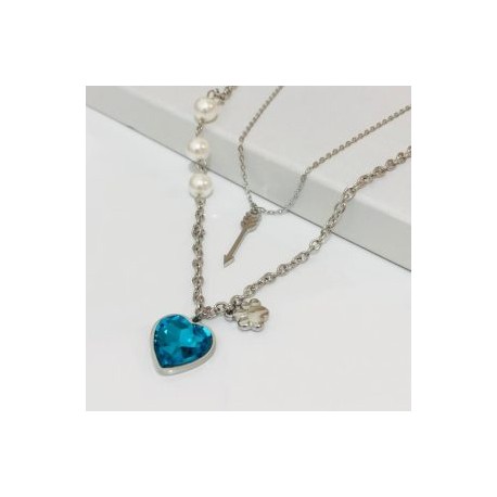 Collar 2 lienzos  acero inoxidable corazón agua marina