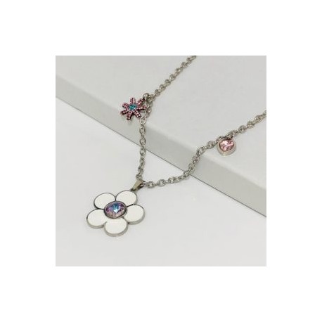 Collar acero inoxidable dijes flor blanca
