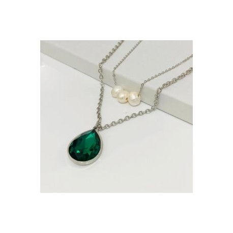 Collar 2 lienzos  acero inoxidable gota verde