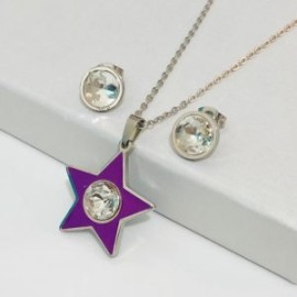 Conjunto acero inoxidable estrella purpura piedra blanca