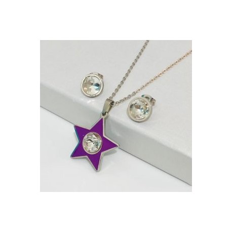 Conjunto acero inoxidable estrella purpura piedra blanca