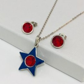 Conjunto acero inoxidable estrella azul piedra roja