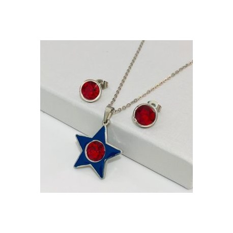 Conjunto acero inoxidable estrella azul piedra roja