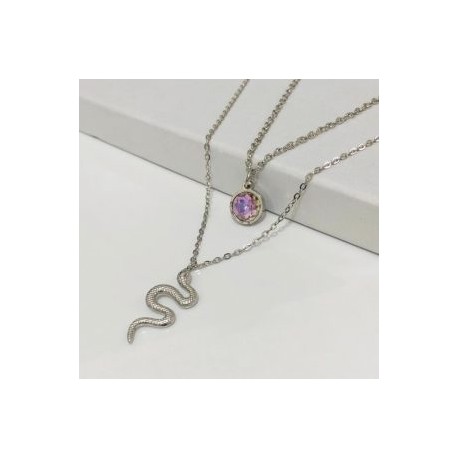 Collar 2 lienzos acero inoxidable serpiente piedra lila