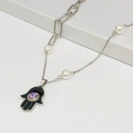 Collar color plata  acero inoxidable mano Fátima negra