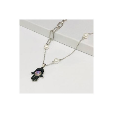 Collar color plata  acero inoxidable mano Fátima negra