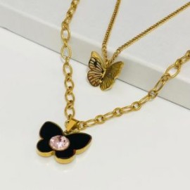 Collar 2 lienzos acero inoxidable mariposa negra