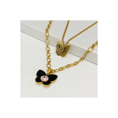 Collar 2 lienzos acero inoxidable mariposa negra