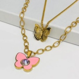 Collar 2 lienzos acero inoxidable mariposa rosa