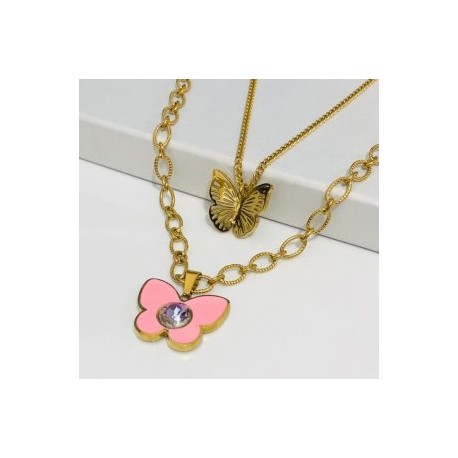 Collar 2 lienzos acero inoxidable mariposa rosa