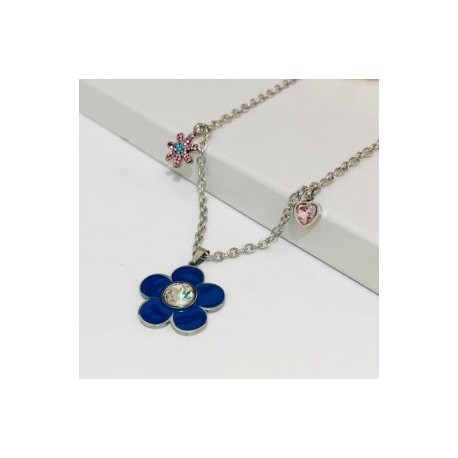Collar acero inoxidable dijes flor azul