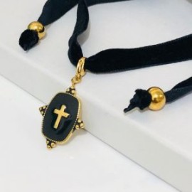 Chocker negro placa acero inoxidable cruz