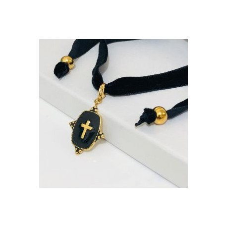 Chocker negro placa acero inoxidable cruz