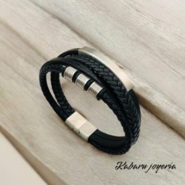 Pulsera caballero de cuero negra con plata