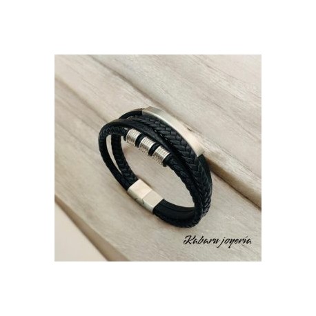 Pulsera caballero de cuero negra con plata