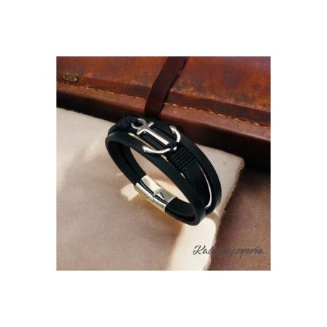 Pulsera caballero de cuero negra ancla plata