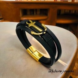 Pulsera caballero de cuero negra ancla dorada