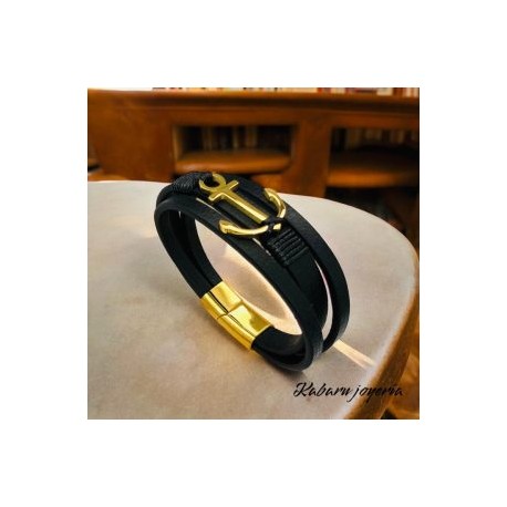 Pulsera caballero de cuero negra ancla dorada