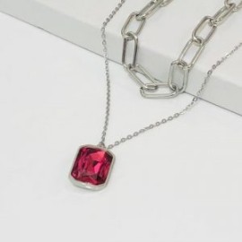 Collar 2 lienzos acero inoxidable piedra rosa coral