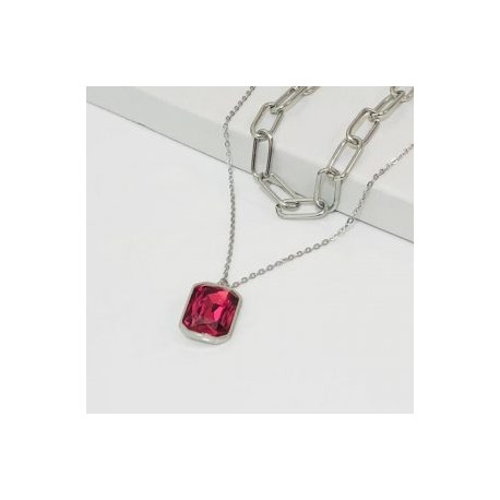 Collar 2 lienzos acero inoxidable piedra rosa coral