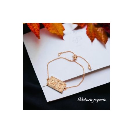 Pulsera chapa de oro 18k moda luna y estrella
