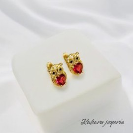Aretes dorados buho piedra roja chapa de oro 18k