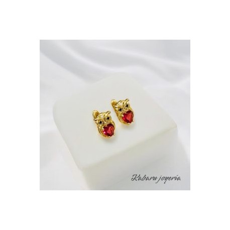 Aretes dorados buho piedra roja chapa de oro 18k