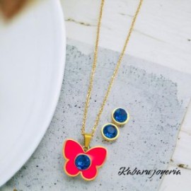 Conjunto acero inoxidable mariposa fiusha piedra azul
