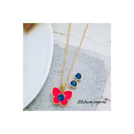 Conjunto acero inoxidable mariposa fiusha piedra azul